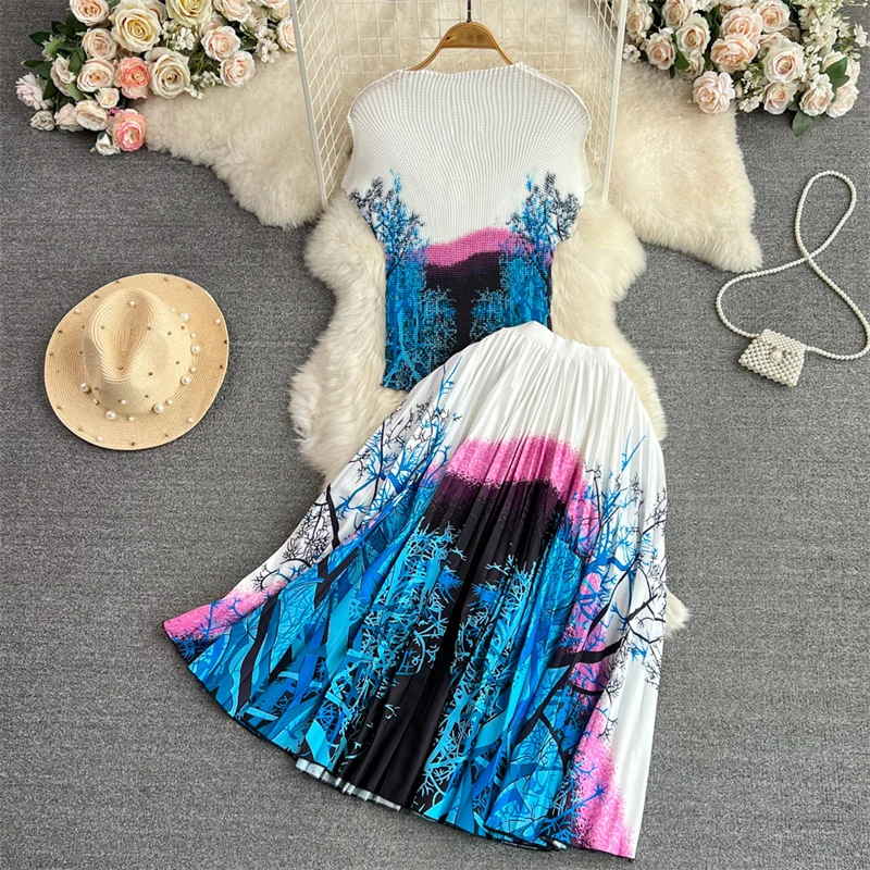 

Summer Women Round Collar Fashion Printed Folds Slim Short Pullover Tops High Waist Mid-length Pleated Skirt Female 2-piece Sets