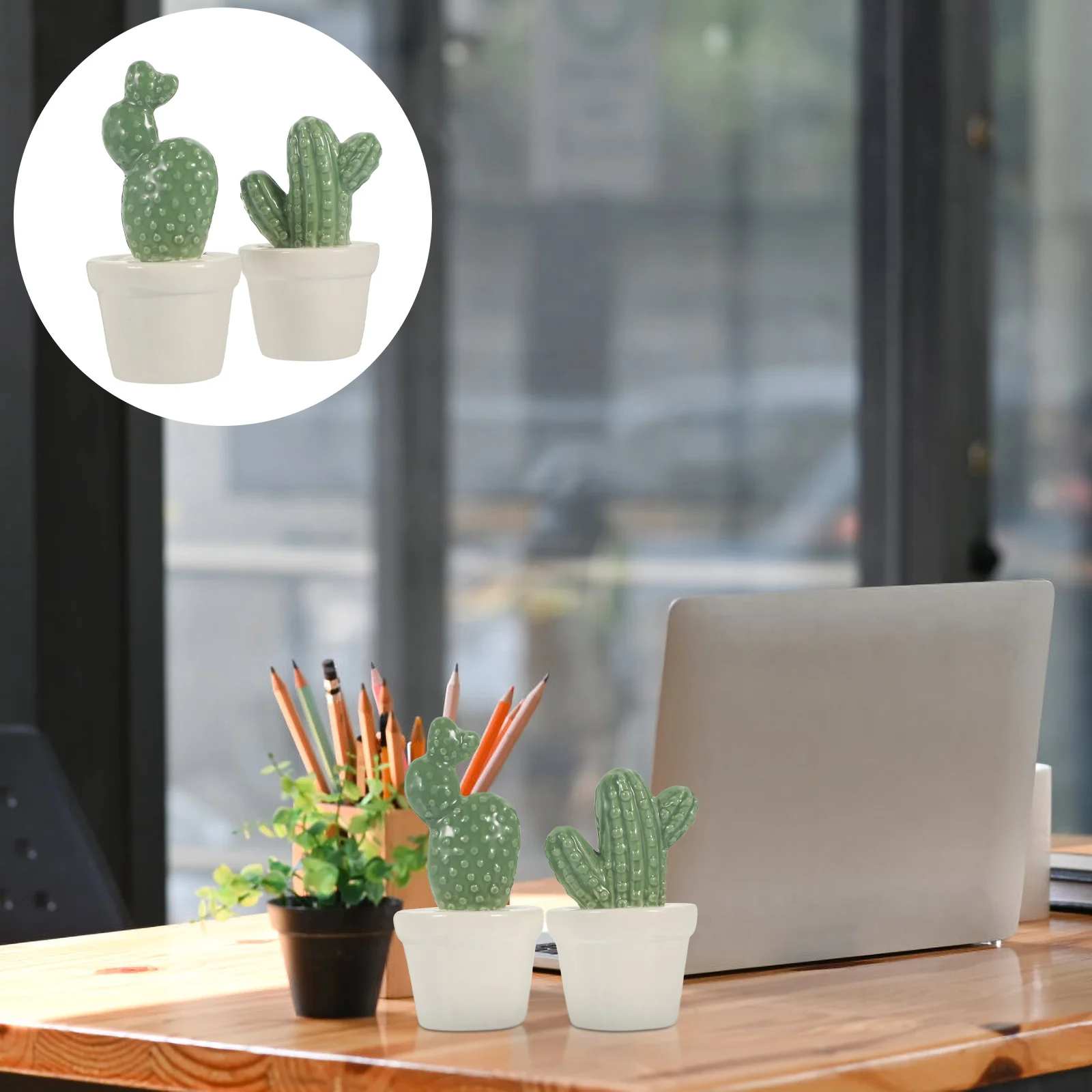 

2 Pcs Ornaments Cactus Decoration Artificial Succulent Plants Faux Porcelain Crafts Garden Statues