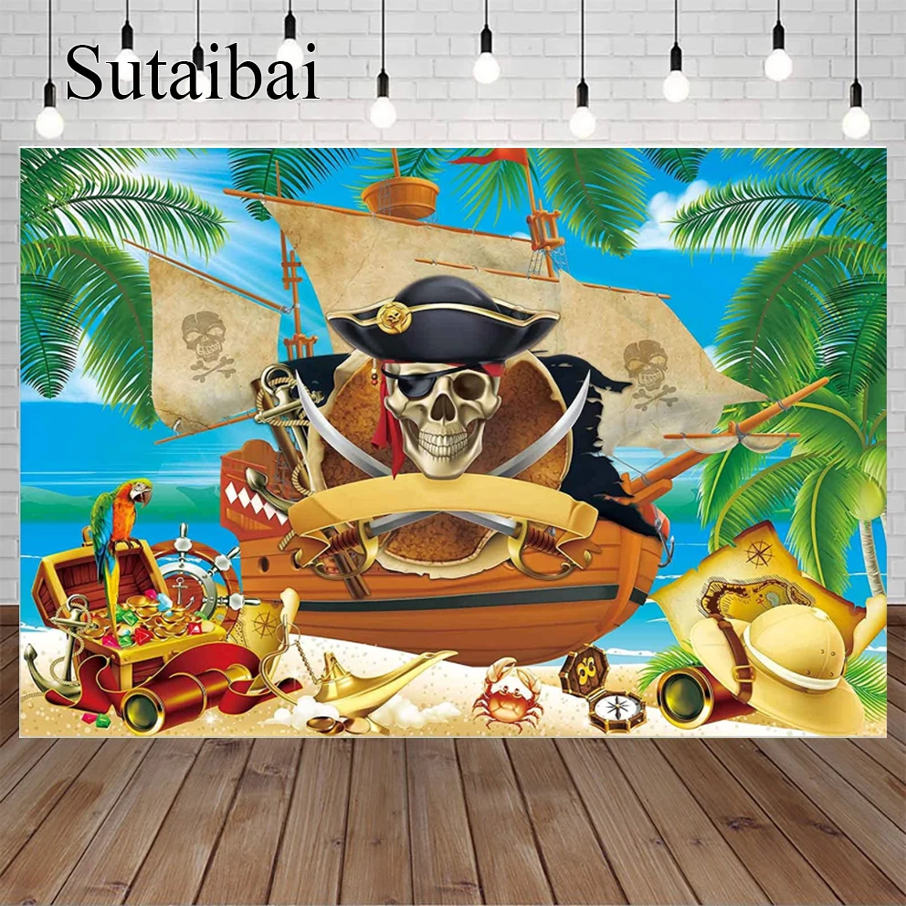 

Pirate Backdrop Nautical Treasure Skull Ship Summer Beach Background Boy Birthday Party Supplies Cake Table Decor Photo Studio