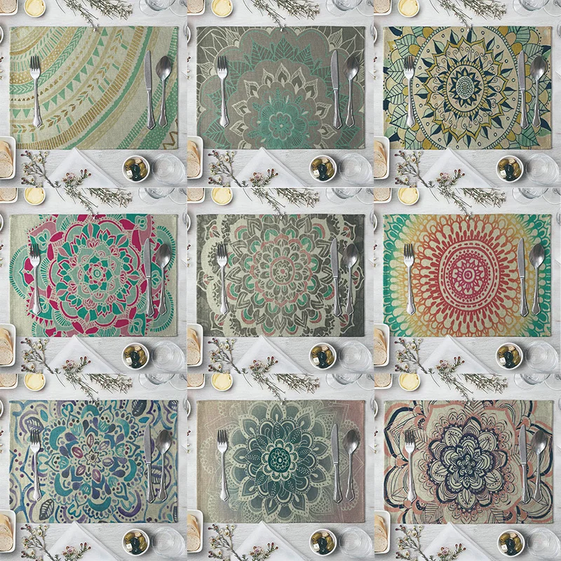 

Mandala Boho imitation linen Placemat For Dinner Table Mat For Coffee Tables Tableware Plates Cup Pads Kitchen Accessories