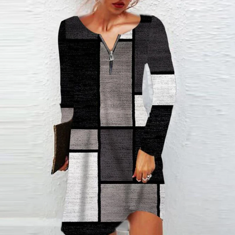 Модный пуловер с рукавом до локтя и принтом платья-рубашки женское повседневное