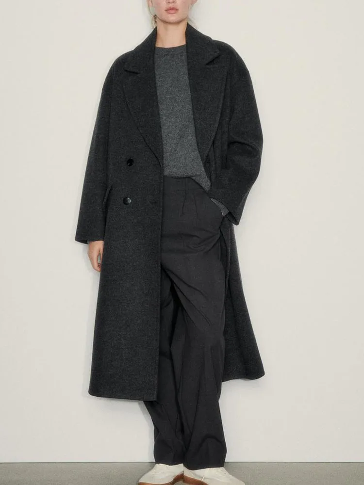 

Zach AiIsa Новинка Осень-Зима Женское модное и универсальное двубортное мягкое свободное повседневное длинное пальто с отложным воротником и карманами