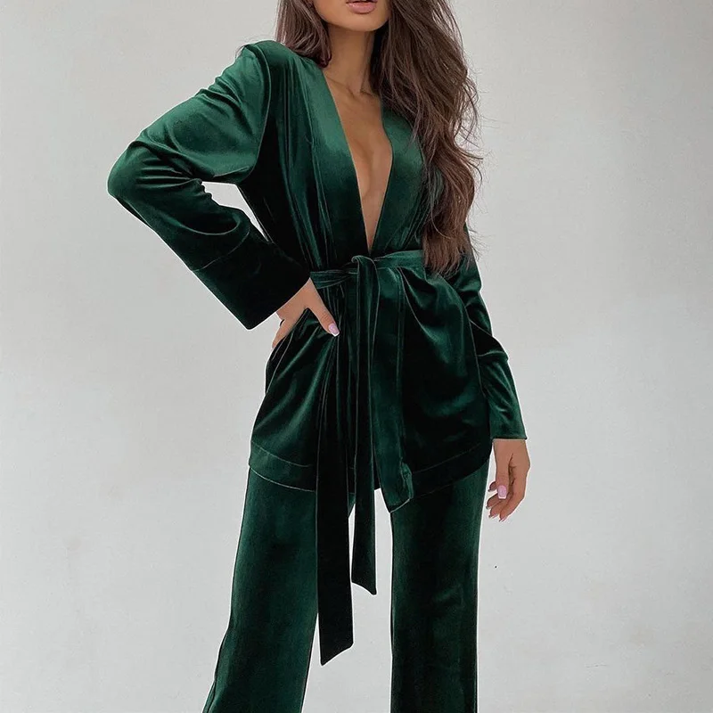 

Elegant Velvet Solid Homewear Two Piece Suits Women Casual Long Sleeve Loose Outfits Fashion Lace-up Belt Blouse & Long Pant Set