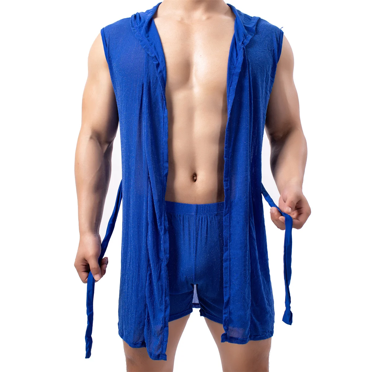 Men's Hooded Bath Robes Sleeveless Sexy Bathrobe Smooth Comfortable Bathrobes Pajamas Sleepwear Casual Kimono Bathrobe Nightgown