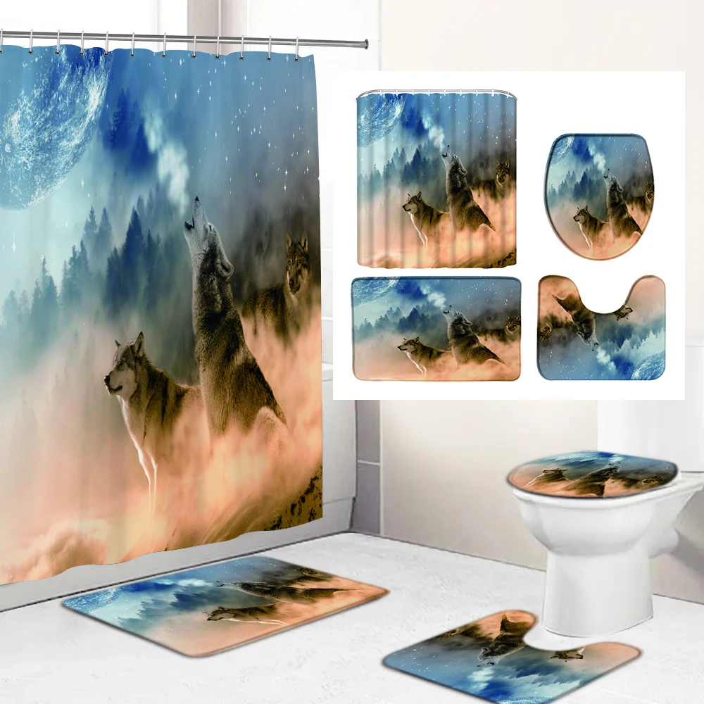 

Набор занавесок для душа с изображением волка и животных, Противоскользящие коврики для ванной, коврики для туалета, коврики для кухни и дом...