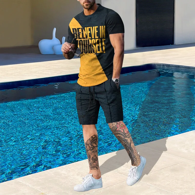 Sommer Männer Set Mode 2 Stück Set Glauben An Sich Selbst Männer T-Shirt Shorts Hosen Anzug Lässig Trainings Anzug Set Übergroße Kleidung