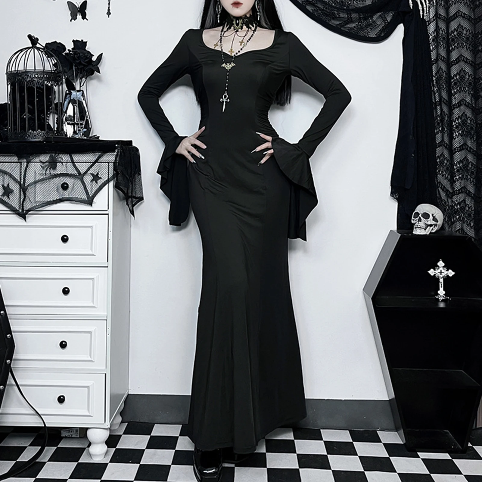 

Halloween Black Maxi Dress Gothic Style Women Bodycon Dress Slim Fit Elegant Long Dress Flying Sleeve Elegant Daily Outfit