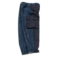 japanese fashion mens speckled jeans stitched with cotton slub loose straight tooling pocket pants mens and womens pants