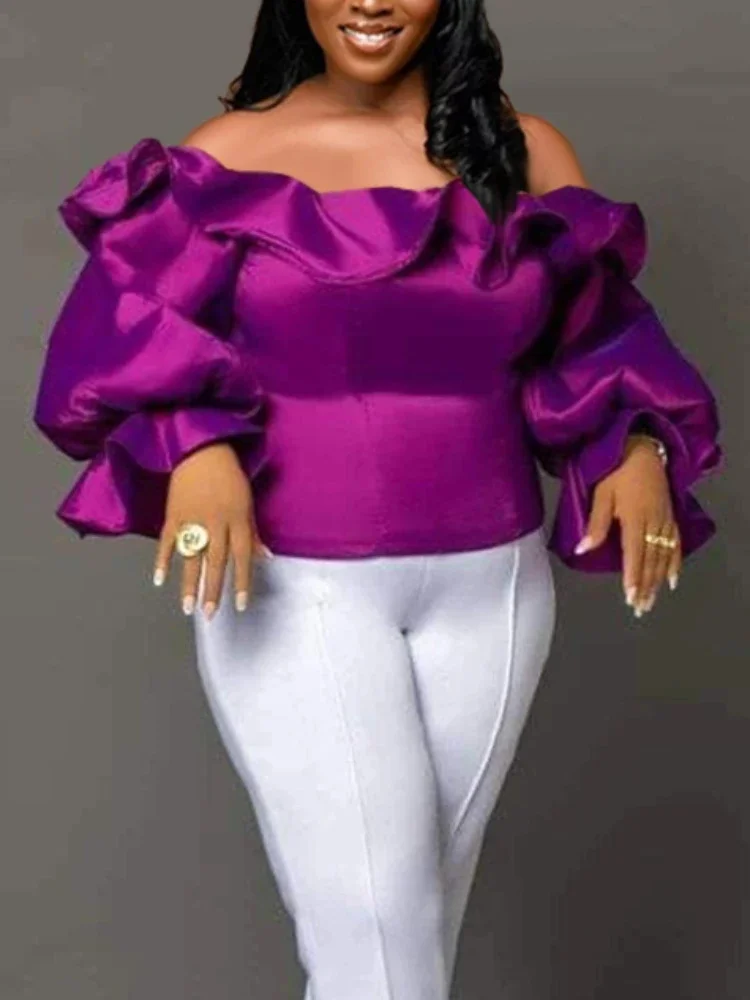 

Women Blouse Shiny Off Shoulder Ruffle Sexy Party Shirt Tops Purple Birthday Large Size 2023 Female African Summer Bluas