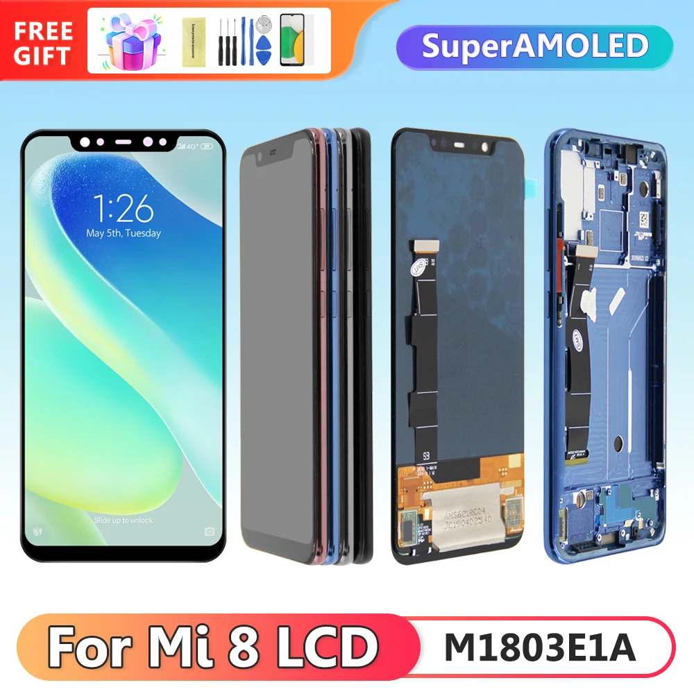 ЖК-дисплей 6,21 'Super AMOLED для Xiaomi Mi 8 M1803E1A, сенсорный экран с дигитайзером и рамкой для замены для Xiaomi 8 Mi8