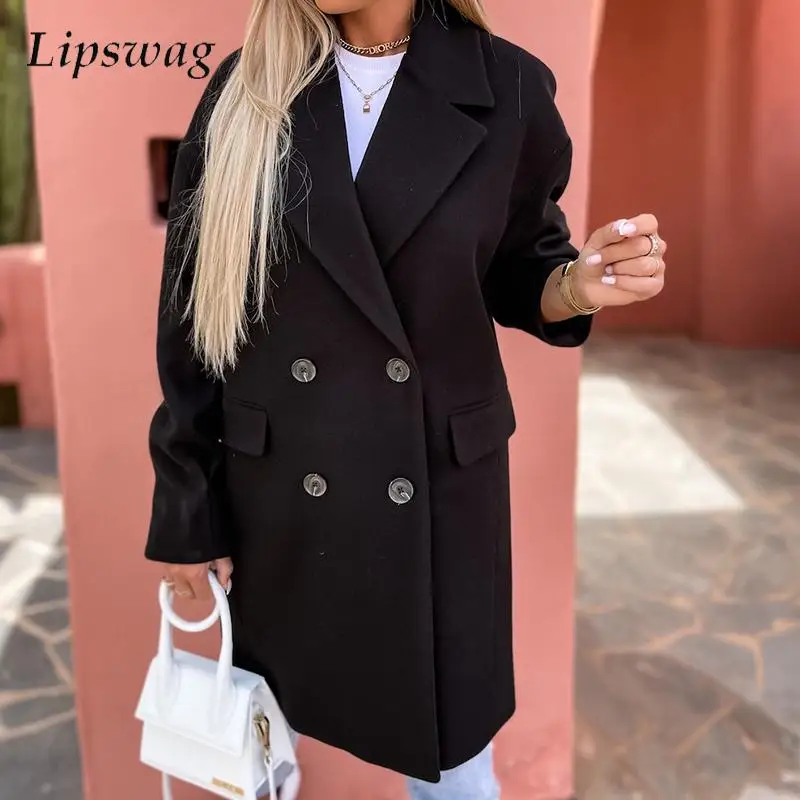 

Elegant Lapel Long Sleeve Ladies Double-breasted Cardigan Autumn Women Casual Loose Midi Coat Blazer Fashion Solid Woolen Coat
