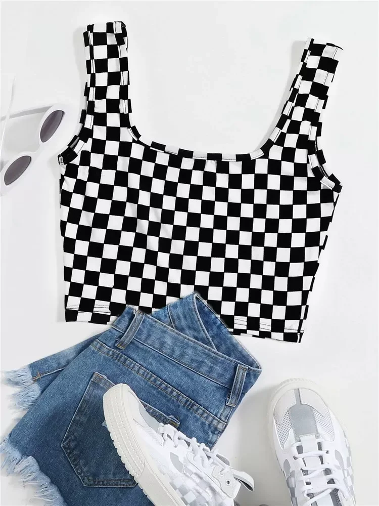 

Y2K Checkerboard Plaid Pattern Crop Top Women Streetwear Summer Bodycon Tank Top Shirts Black and White Color Block Clubwear