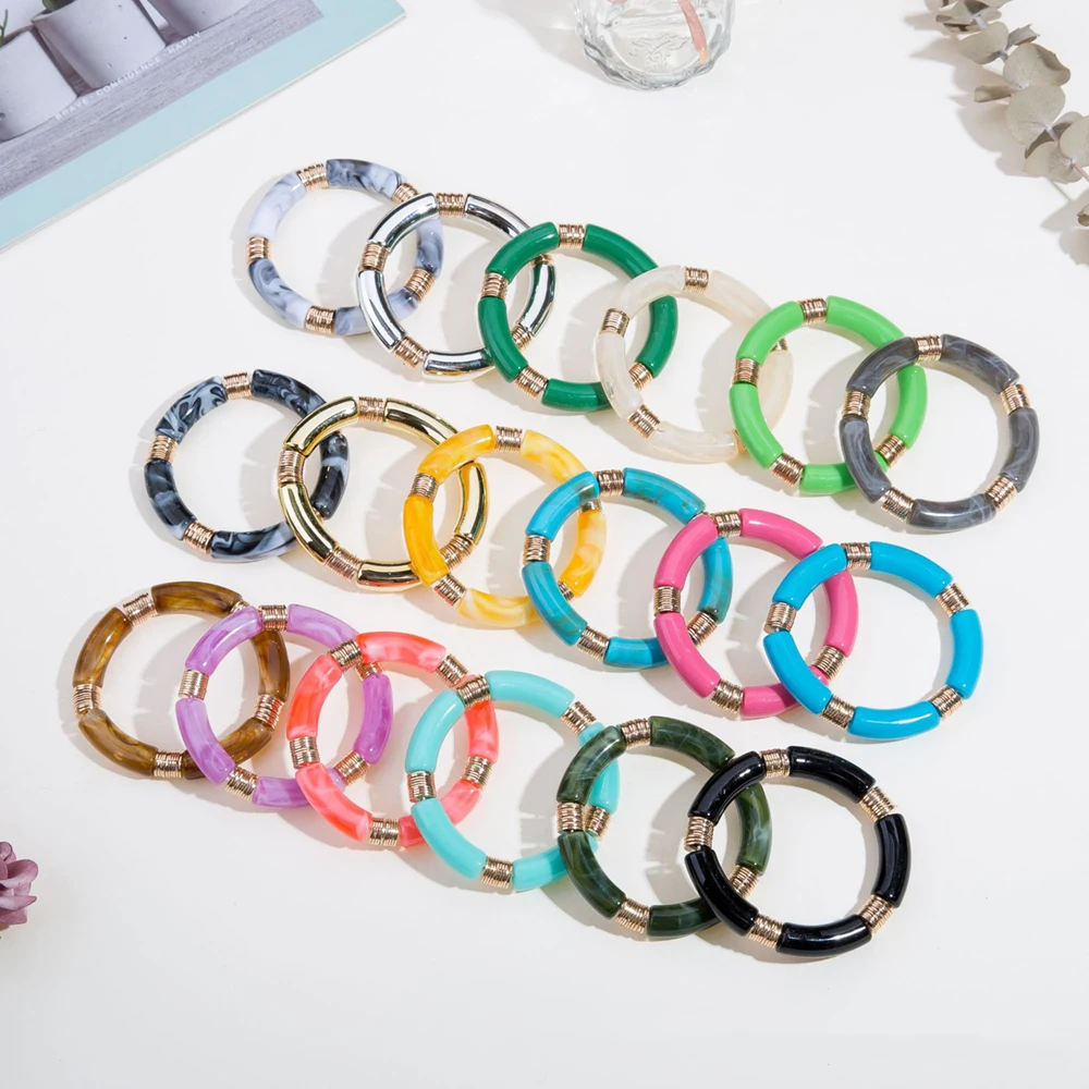 

2022 New Couple Acrylic Round Medium Tube Stretch Bracelet For Women Temperament Resin Curved Bar Beaded charm Bangle Jewelry