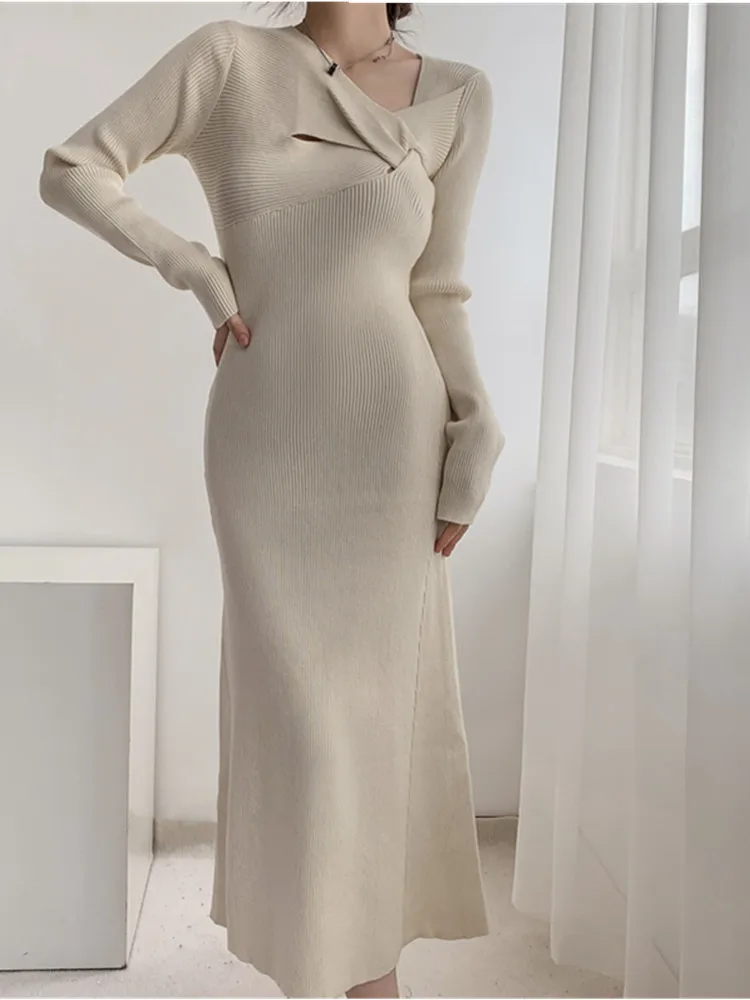 

SMTHMA New Autumn Elegant Knitted A-Line Sweater Dress Women Casual V-Neck High Waist Dress Female Thick Vintage Party Dresses