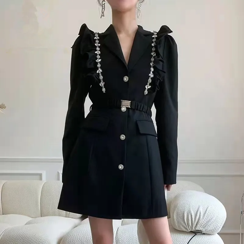 

NewBlack Patchwork Diamonds Casual Women's Blazer Dress Fall New Notched Single Breasted Ruffles Patchwork Short Dress With Belt