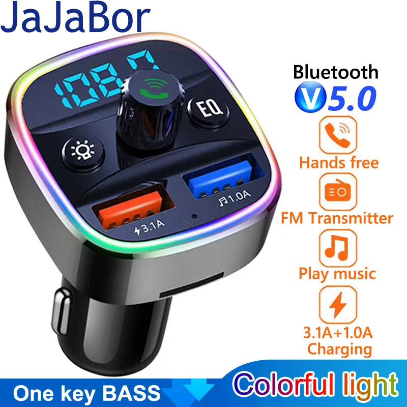 

JaJaBor Car FM Transmitter FM Modulator Colorful Light Dual USB Car Charger Bluetooth 5.0 Handsfree Car Kit Car MP3 Player