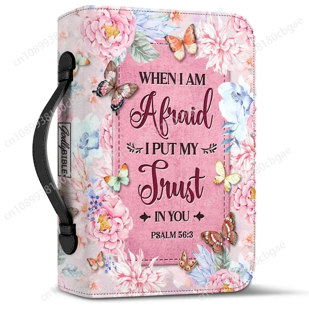 Фото Роскошная сумка для Библии из искусственной кожи When I Am Afraid I Put My Trust In You Verse Розовый чехол для Библии с цветочным принтом по индивидуальному заказу для женщин №3