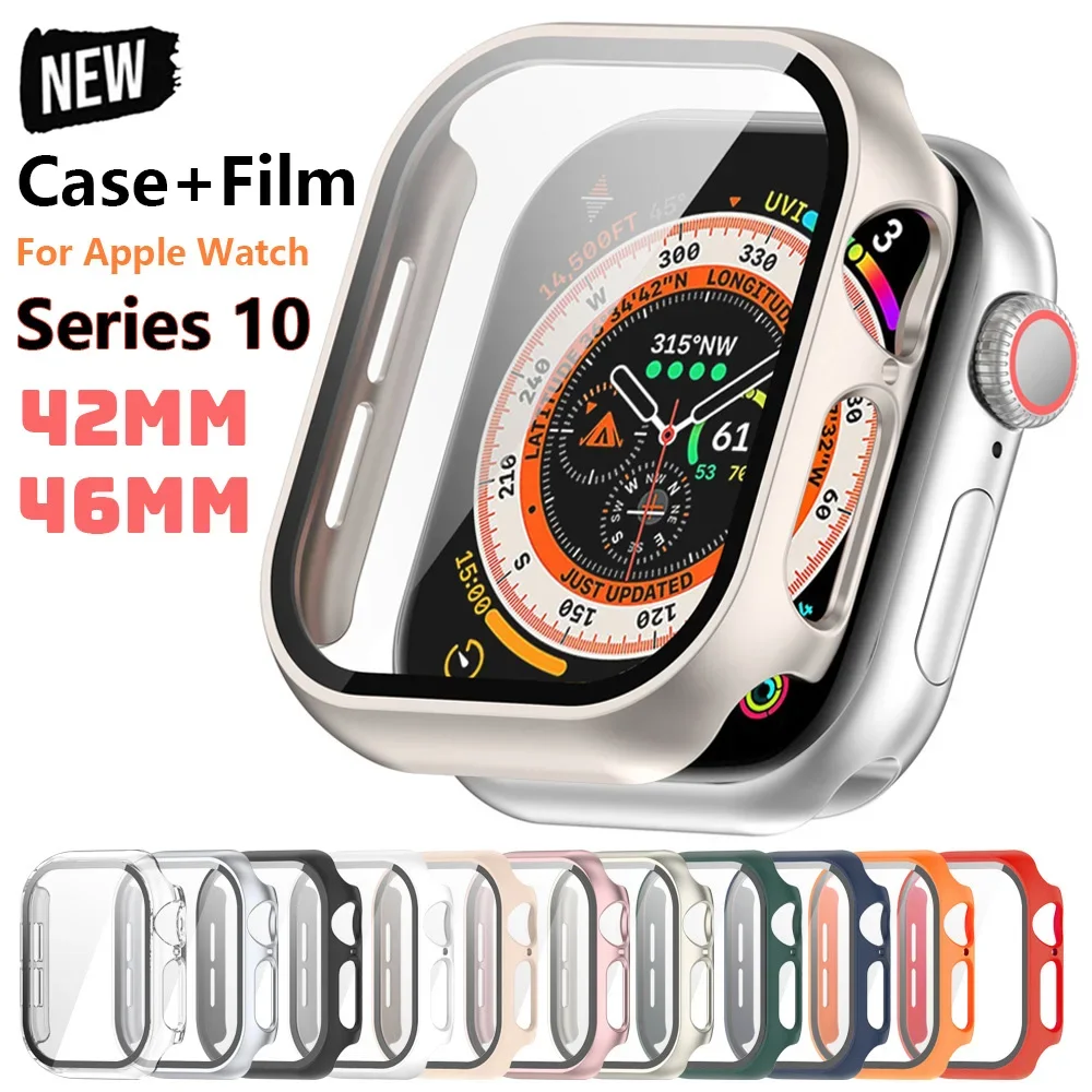 ПК чехол + закаленное стекло для Apple Watch серии 10 полная защита экрана хлопковая