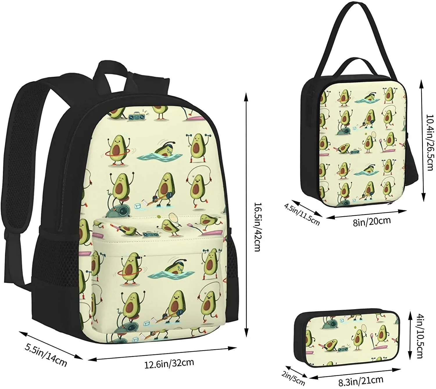 Avocado Take Exercise Printing School Backpack Lunch Tote Bag Clutch Purse（School Bag + Pencil Case + Lunch Bag Combination）
