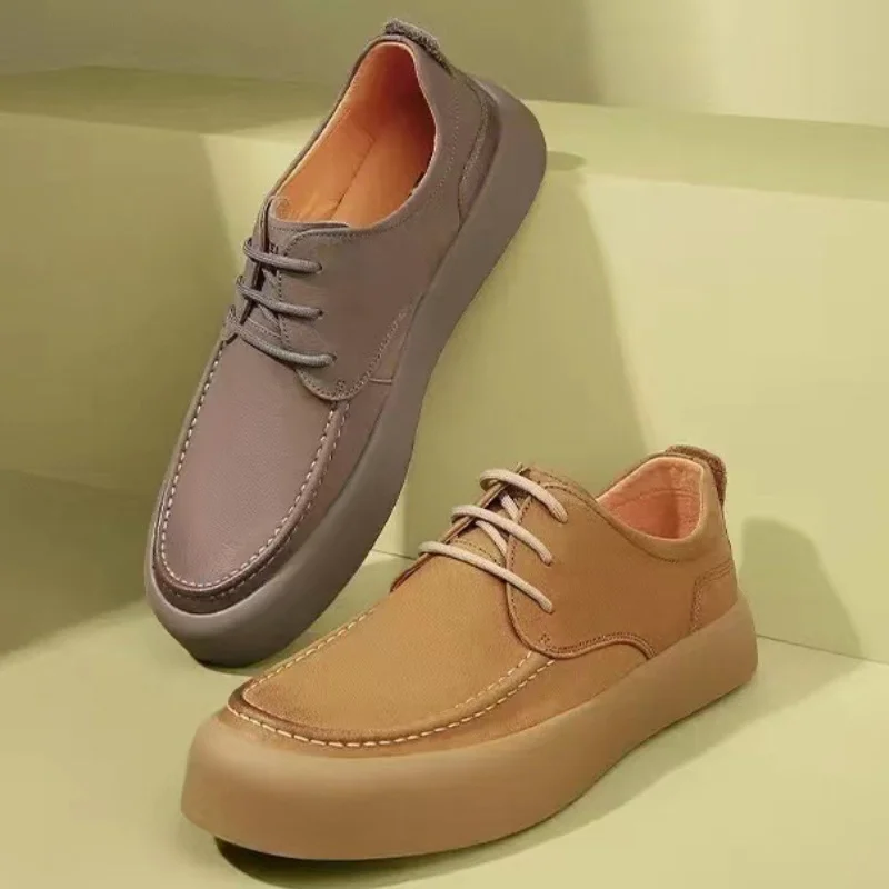 

Men's Low Top Leather Shoes Spring Fashion Retro Lace Up Round Head Casual Flats Walking Anti-slip Sneakers Sapato Masculino