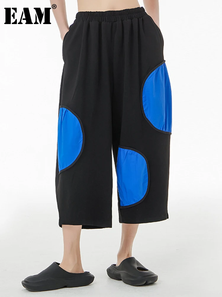 

[EAM] High Elastic Waist Blue Dot Color-block Pleated Trousers New Loose Fit Pants Women Fashion Tide Spring Autumn 2023 1DE9790
