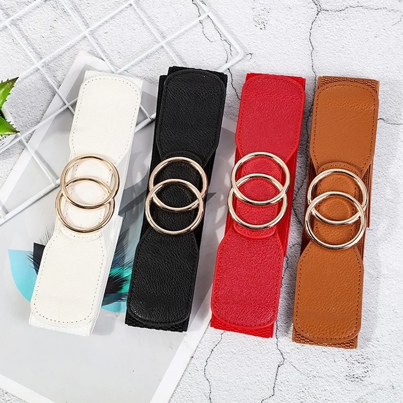 Double Gold Circle Buckle Elastic Stretch Wide Waist Belts for Female Cummerbands for Dress Sweater Clothing Accessories