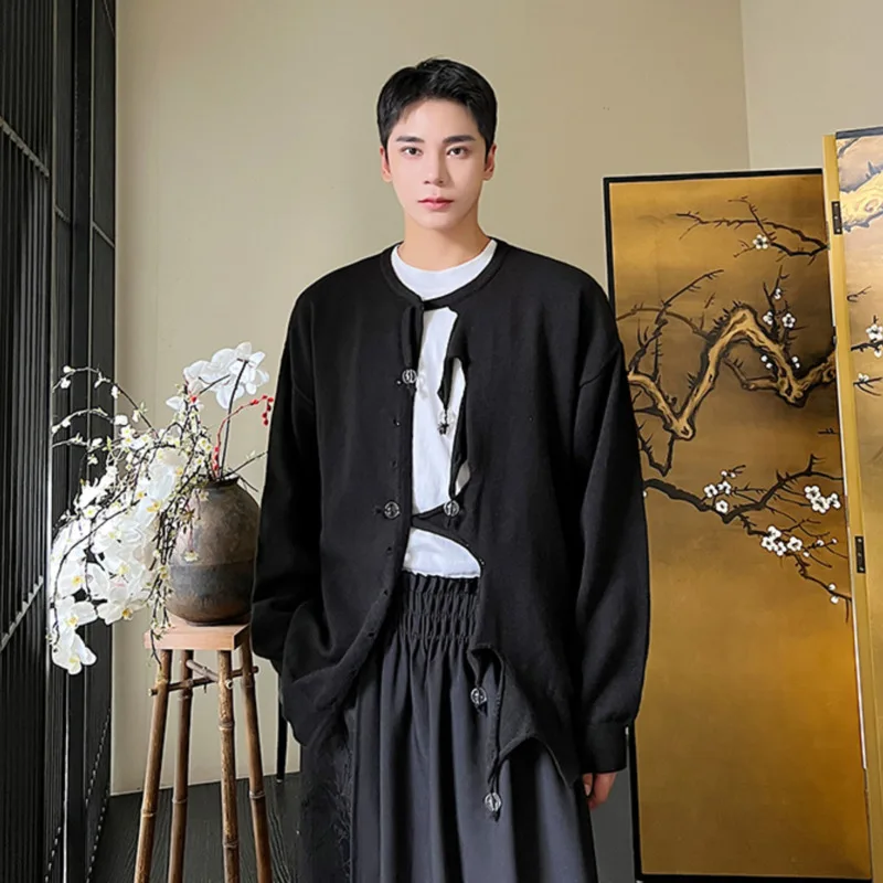 

Мужской кардиган SYUHGFA, осенне-зимняя одежда для мужчин, нишевой дизайн, Свободный вязаный свитер, пальто, однотонные повседневные трендовые свитшоты