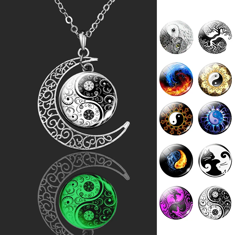 

Glow In The Dark Yin Yang Necklace Meditation Tai Chi Symbols Glass Crescent Pendant Necklace for Men Women