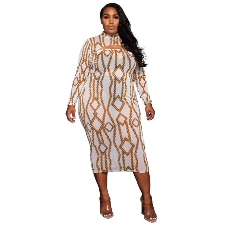 

Large Size African Chic Suit Fashion Print Sexy Hollowed Out Mesh Yarn Perspective Long Sleeve Casual Slim Two Piece Suit 5XL