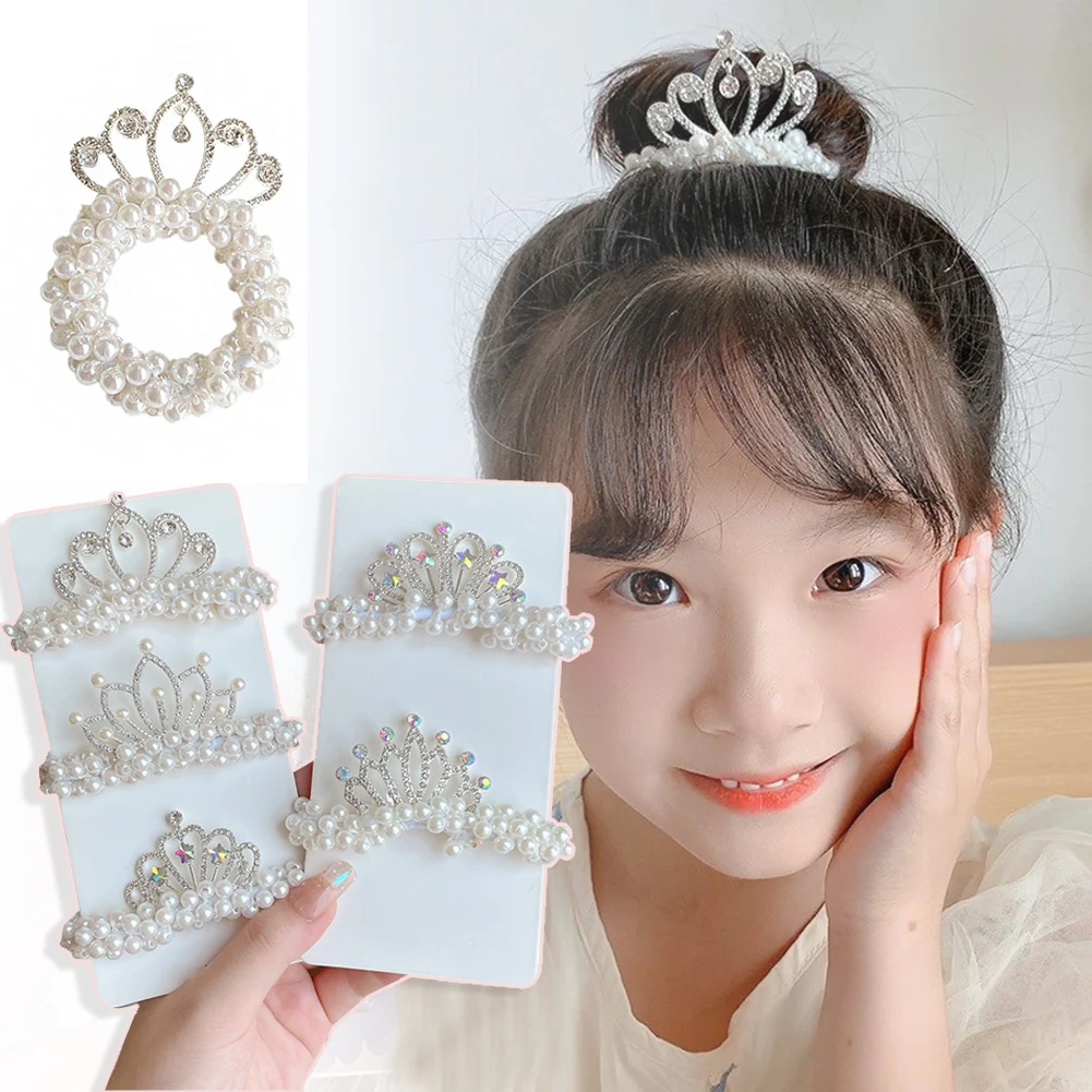 

Sweet Summer Crown Pearl Hair Rope For Girl Handmade Elastic Kid Ponytail Holder Beaded Hair Tie Rubber Band Head Accessories