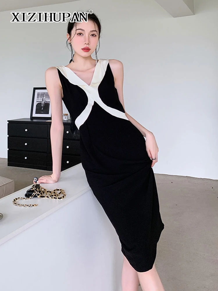 

XIZIHUPAN Elegant Colorblock Dress For Women V Neck Sleeveless High Waist A Line Midi Vintage Dresses Female Clothing 2022 Style