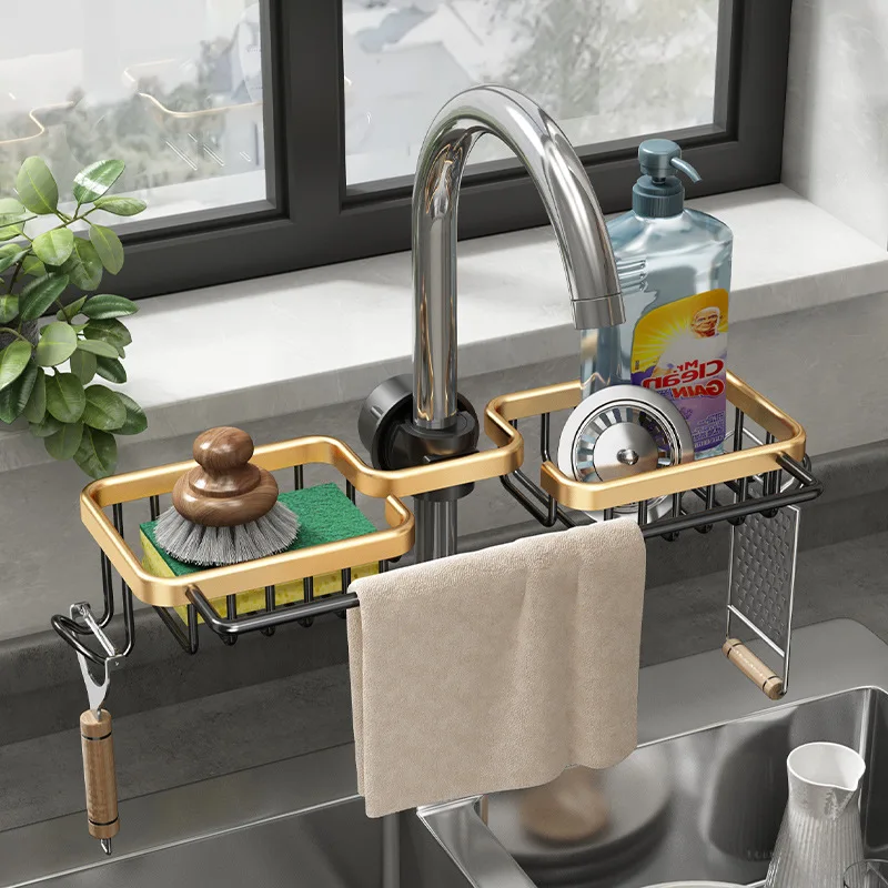 

Drainage Basket Kitchen Organizer Dishwashing Sink Sink Rack Black Gold Kitchen Storage and Organization Sponge Products Home