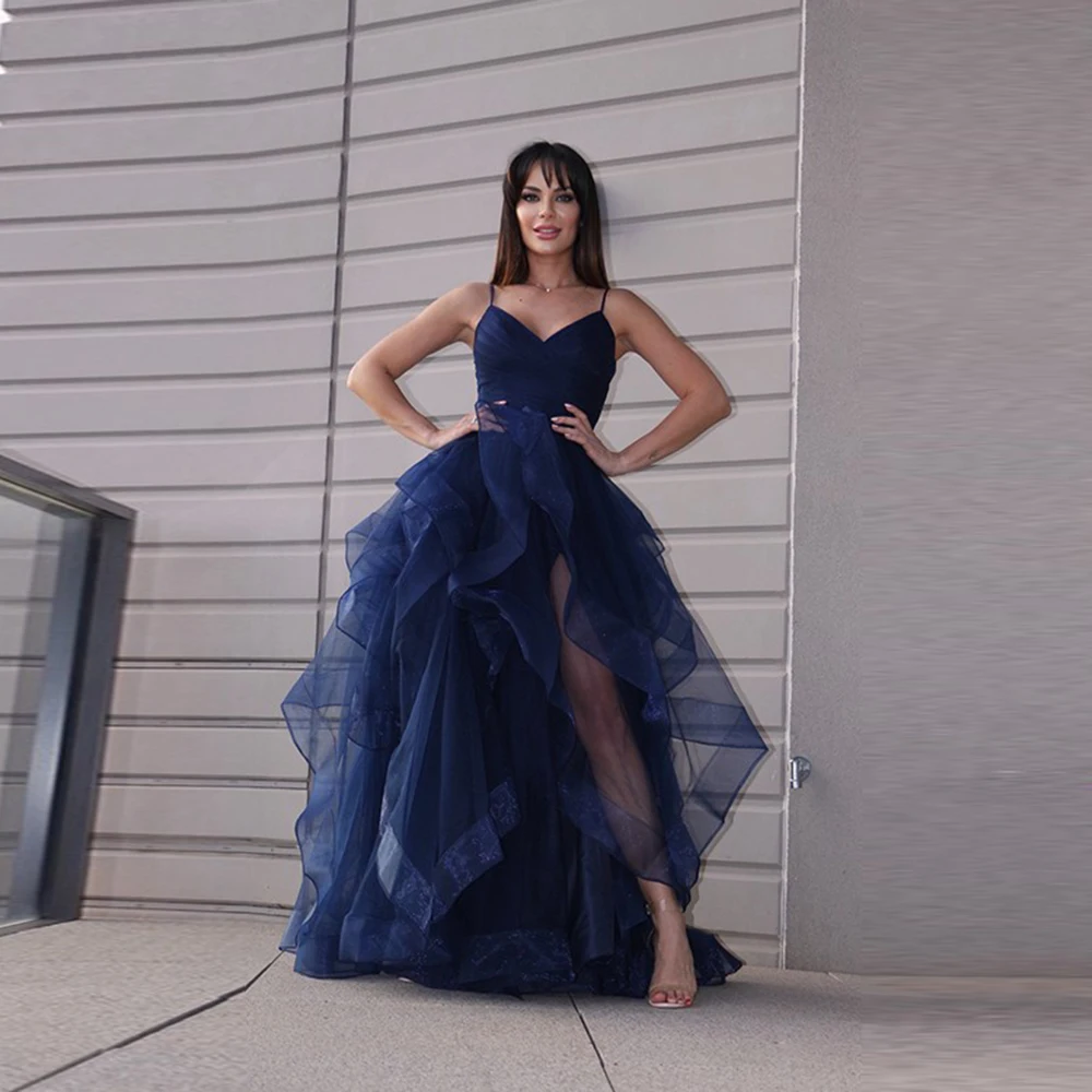

Navy Blue Evening Dresses V-Neck Spaghetti Strap Side High Split Ball Gown Party Dress Elegant Tiried Ruffles Tulle Prom Gown