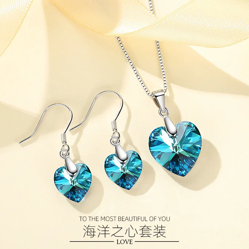 

Комплект из серебра S925 пробы с кристаллами в форме сердца, женские серьги-Крючки в виде сердца в европейском и американском океане