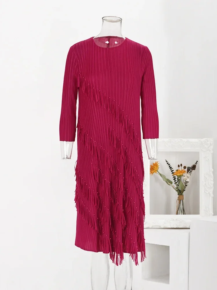 

Miyake Original Pleated Tassel Beading Spliced Dress Women Fashion Round Neck Loose Mid Length Dresses Party 2023 New Clothing