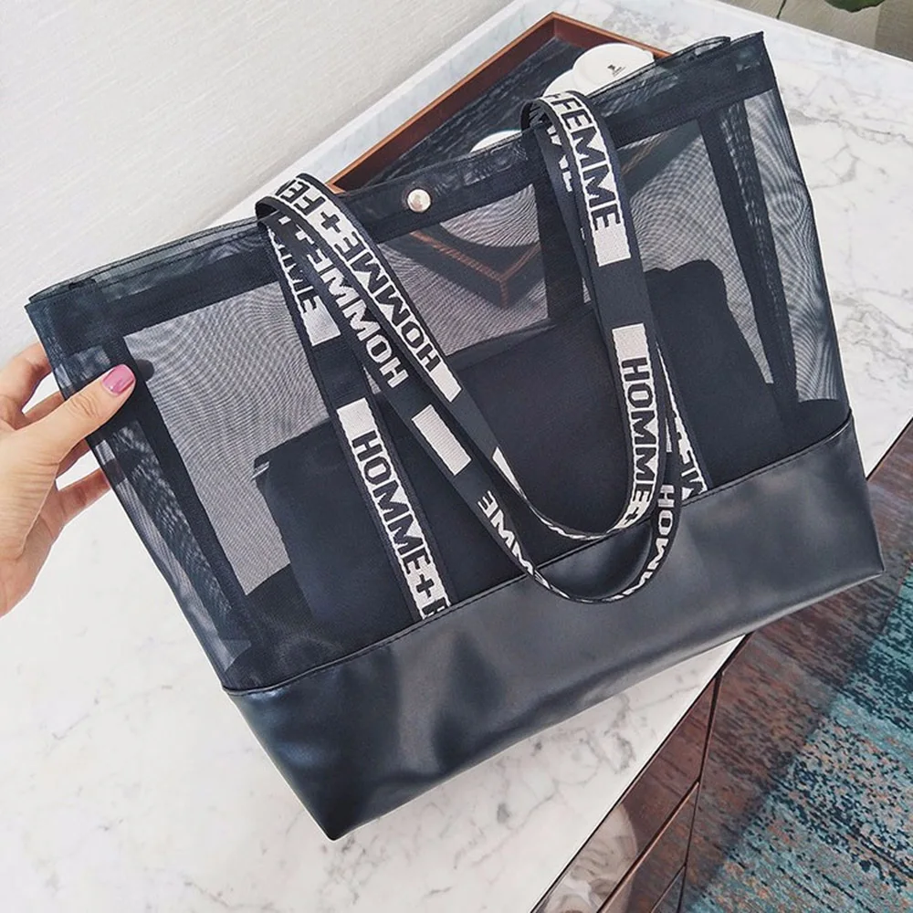 

Summer Women Mesh Durable Beach Bag Fashion Large Capacity Shoulder Bags for Towels Shopping Holiday Female Tote Handbags