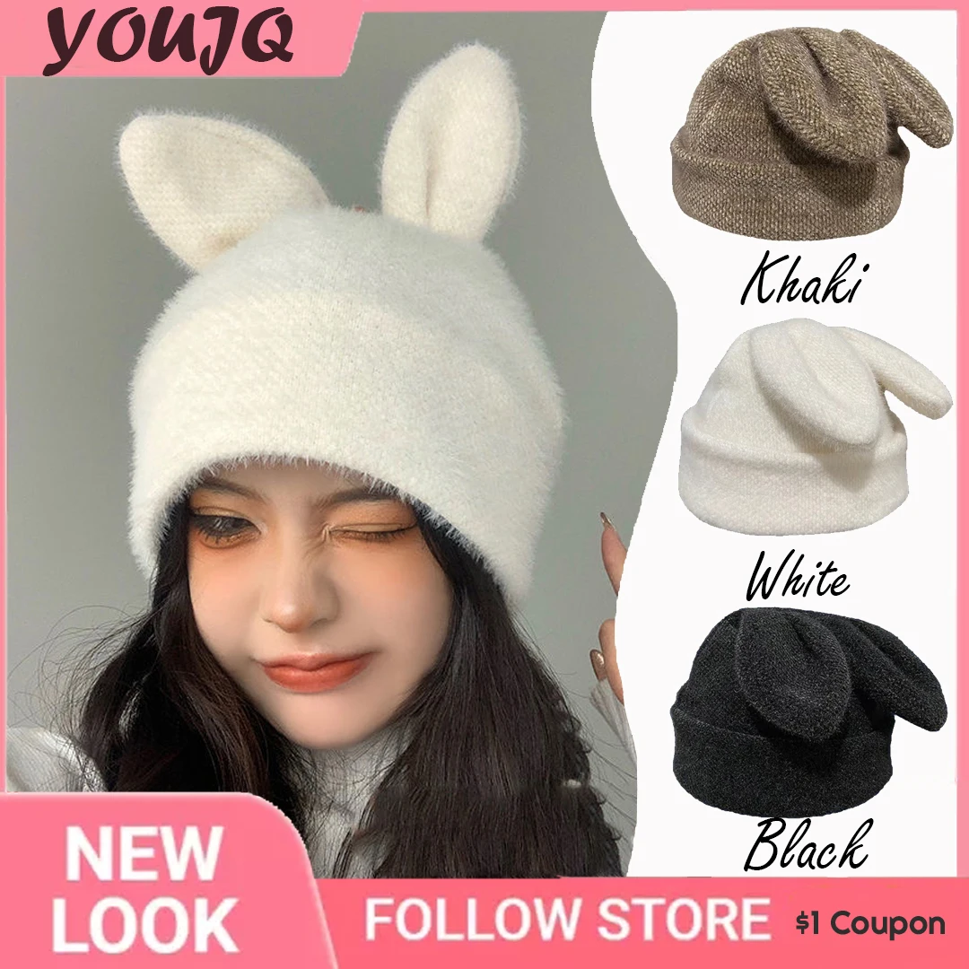 

Cute Rabbit Ears Knitted Hats for Women Autumn Winter Warm Panama Soft Rabbit Fur Beanie Cap Girls Skullies Ski Hat Gorras
