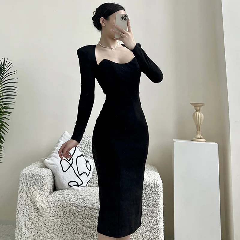 

2023 New Autumn Crossed Cleavage Maxi Dress Women Concise Side Spilt Elegant Vestido Lady High Street Bodycon Slim Robe Skirt