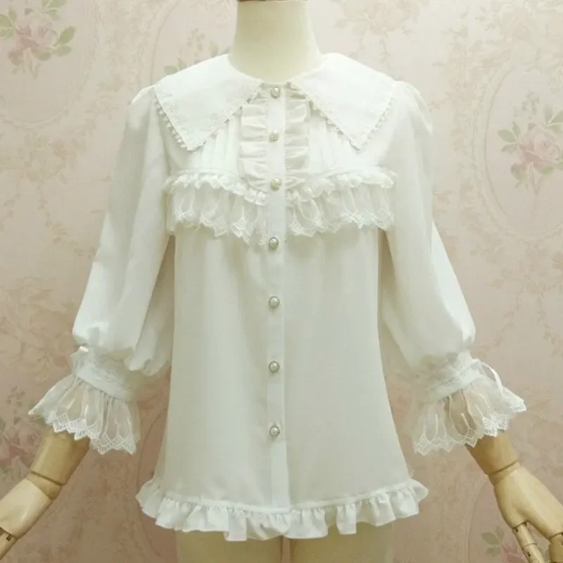 

Sweet Lolita Blouse Pointed Peter Pan Collar Lantern Sleeve Shirt for Women