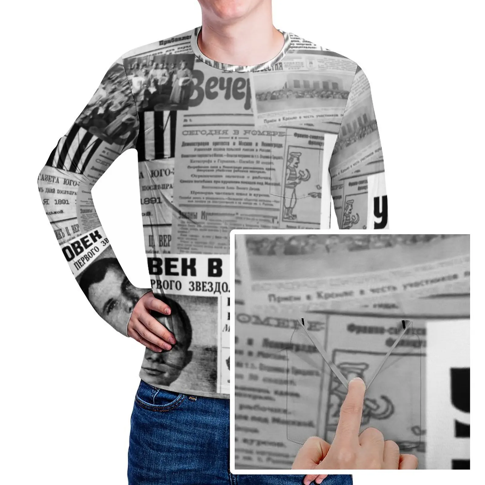 

Russian Newspapers T Shirt Male Newspaper Collage Streetwear T-Shirts Spring Harajuku Tees Long Sleeve Custom Plus Size Clothes