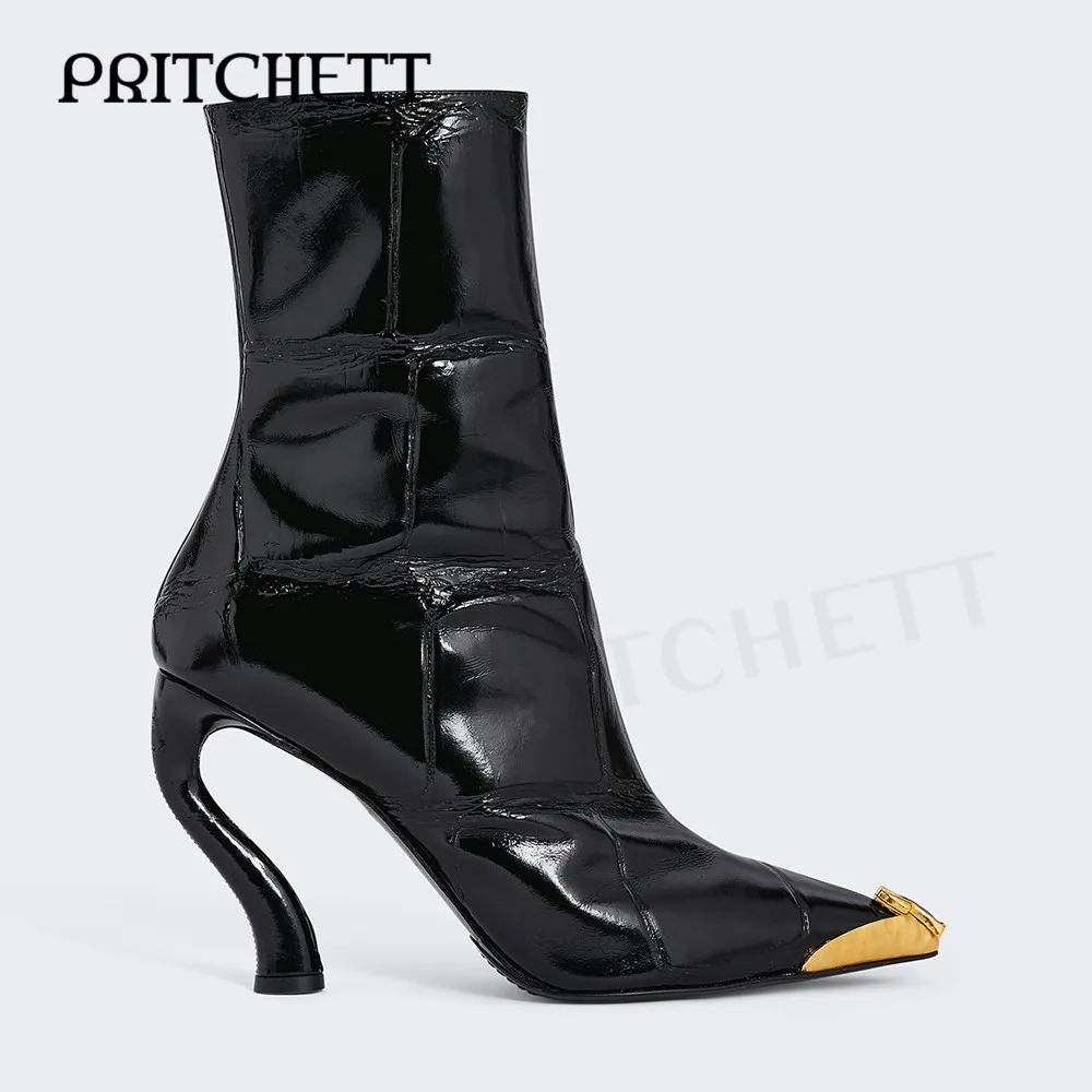 Черные лакированные кожаные ботильоны с боковой молнией металлический острый