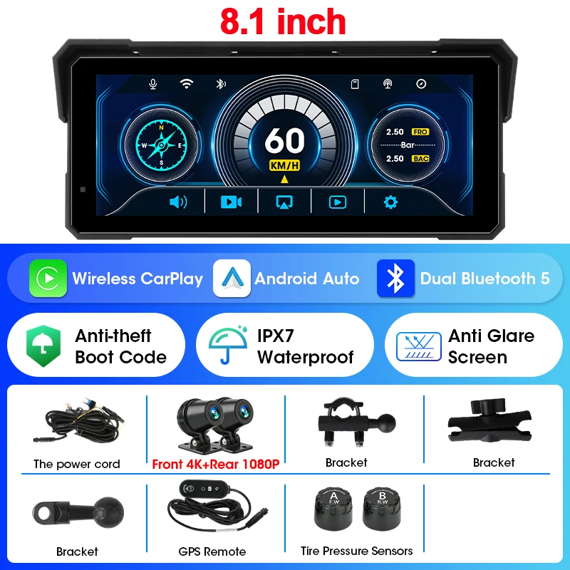 

Навигационная система Freedconn для мотоциклов с CarPlay, 8.1-дюймовый GPS-экран, беспроводной CarPlay, Android Auto, водонепроницаемость IPX7, поддержка 4K1080P, двойная камера DVR.