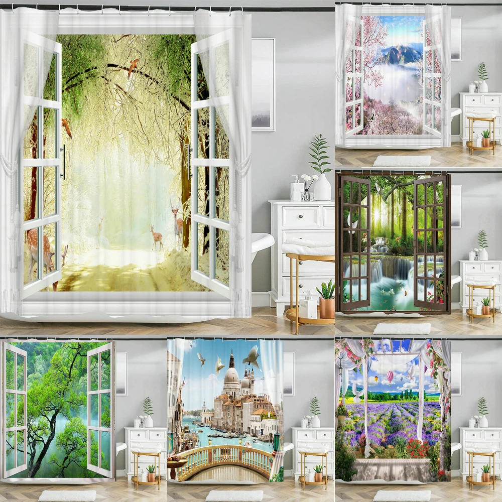 

3d printed open window the flowers forest scenery shower curtain bathroom curtain Home decoration polyester waterproof curtain