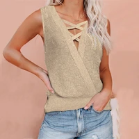 women solid color cross deep v neck bandage tanks womens sexy backless vest top sweater casual t shirt fashion high street 2022