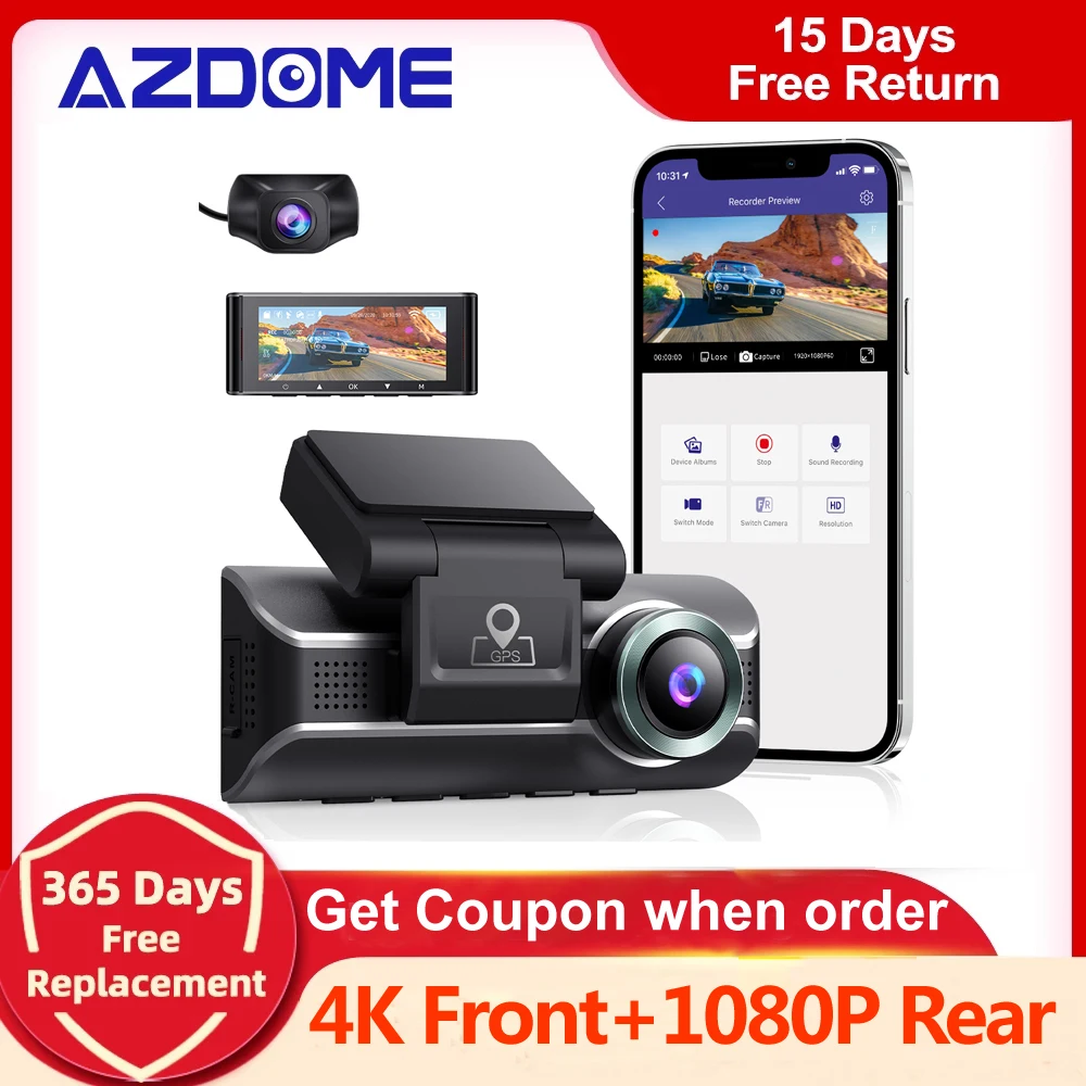 

AZDOME Car DVR 4K +1080 RearCam Dash Cam 2 Cameras Bulit-in GPS WiFi Car Recorders IR Night Vision APP Control