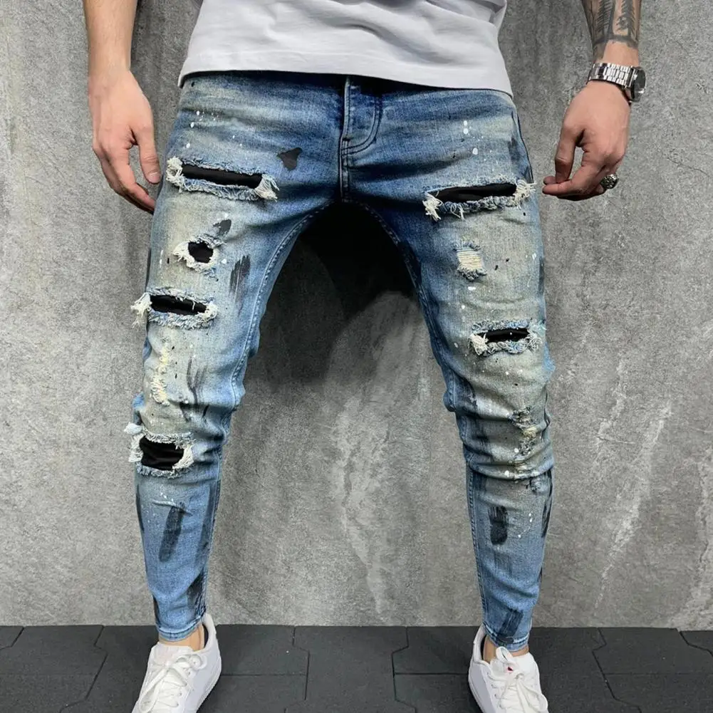 

Men Jeans Multi Pockets Ripped Whitewashed Multi Pockets Cool Bottoms Skinny Washable Denim Pants Streetwear