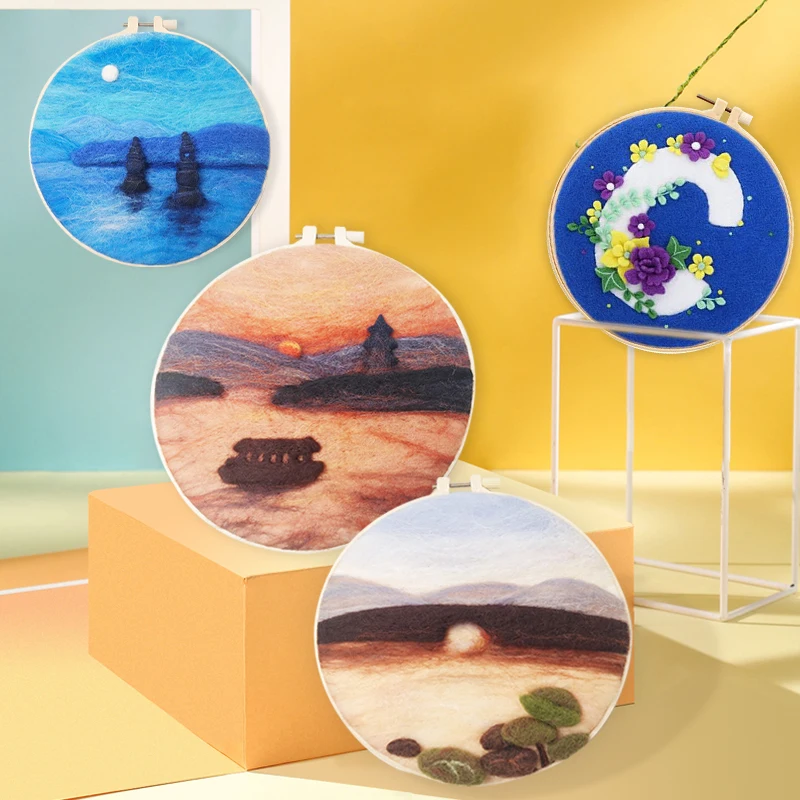 

CHENISTORY DIY Wool Felting Painting Material With Embroidery 20x20cm Frame Handmade Needle Wool Painting Home Decors