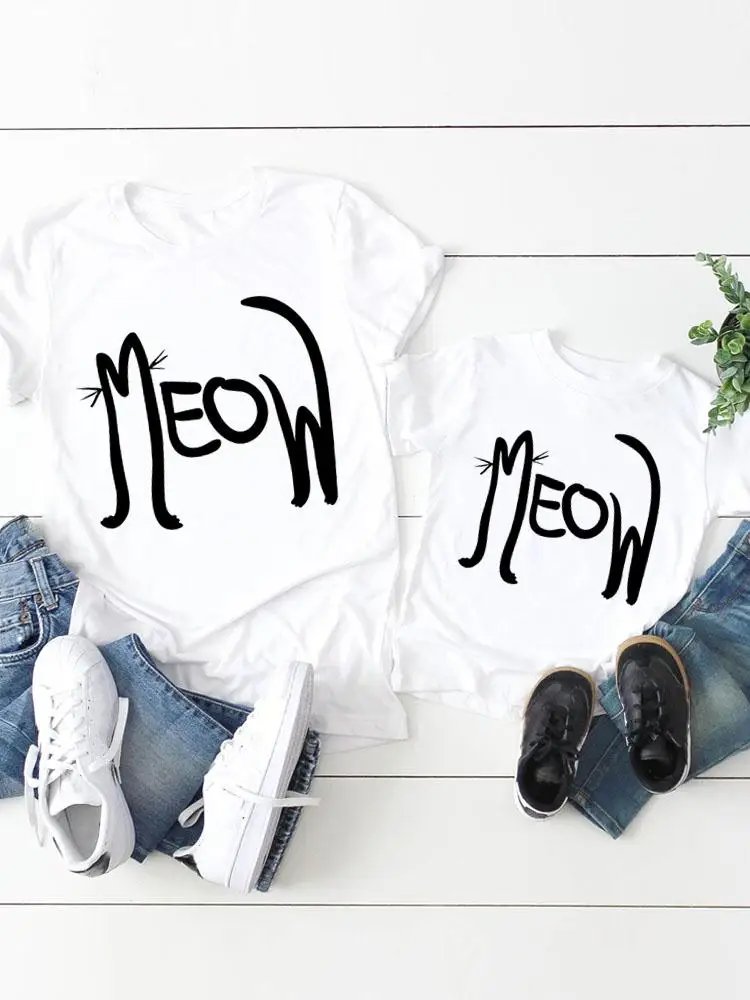 

Graphic T-shirt Tee Letter Cat New Cute Trend Women Child Kid Clothing Boy Girl Summer Mom Mama Clothes Family Matching Outfits