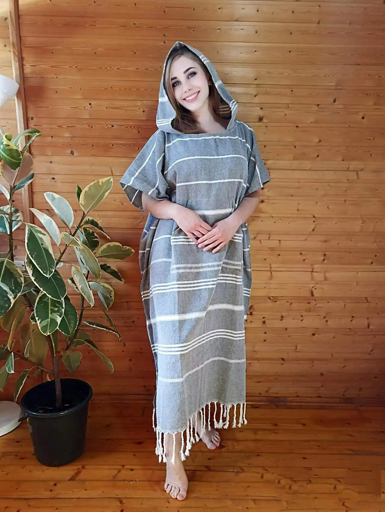 YEUZLICOTTON Wearable Turkish Beach Towel Sandproof 100% Cotton Large Surf Poncho Robe Hooded Wetsuit Changing Quick Dry |