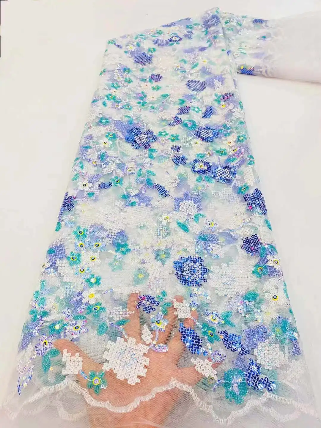 

2021 Grass white African Lace Fabric French Nigerian Mesh Tulle Embroidered Sequins Guipure Lace Swiss Voile Lace A4027-15